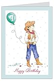 'Happy Birthday' Süße Kindergeburtstagskarte für einen Jungen mit Cowboy zum 7. Geburtstag mit Geschenk, Konfetti, Luftballon mit Zahl 7 Glückwunschkarte in grau/blau (Mit Umschlag) (1)