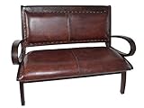Antyki24 2er Sofa Braun Flurbank Lederbank Bank mit Rückenlehne Holzbeine Kolonialstill 77 x 121 x 42