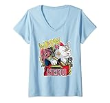 Damen Japanese Anime Cat Samurai. Manga Anime Neku Cat T-Shirt mit V