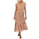 cdukiyh Beach Dress for Women Summer Casual,Women’s Dresses Short Sleeve V Neck Ruffle Floral Printed Midi Dress with Belt Pullover Dress Party Dress Leisure D