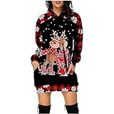Damen Hoodie Weihnachtskleid Pullover Weihnachten Langarm Sweatshirts Kapuzenpullover Tops Herbst Mini Kleid Casual Herbst Hoodies Kleid Xmas Santa Rentier Lange Pulli Kleid mit T