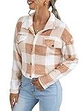 ZZLBUF Damen Revers Button Down Langarm Plaid Hemd Mantel Tartan Shacket Jacke Party Straße Kurz Cardigan, B# Khaki Plaid, XL