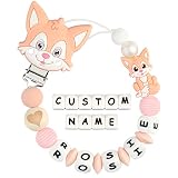 Schnullerkette mit Namen Jungen mädchen Personalisierter Schnuller Clip Silikon Fuchs Beißring Halter Zahnen Holz Perlen für Babydusche BPA Frei(Pfirsich)