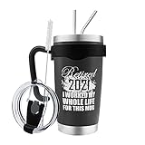 Pensions-Geschenke für Männer und Frauen, zum Ruhestand, Abschied, Kollegen im Ruhestand, Geschenkideen, Partydekoration, Tasse, schwarz, Edelstahl, mit Deckel mit Griff und 2 Trinkhalmen und Bü