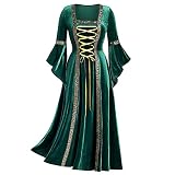 Rosennie Damen Mittelalterliche Kleid mit Trompetenärmel Mittelalter Party Kostüm Gothic Maxikleid Vintage Langarm Bodenlanges Kleid Elegantes Elfenkleid Lange Kleid Karneval Party