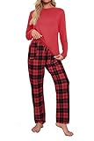 Damen Schlafanzug Rundhals Pyjama Plaid Pyjamahose Langarm Sleepwear Hose Hausanzug Freizeitanzug Nachtwäsche 2-T