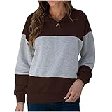 Damen Sweatshirt mit langen Patchwork-Ausschnitten, leicht, V-Ausschnitt, Knopfmuster, trendige Streifen, Ärmel, #03, 38