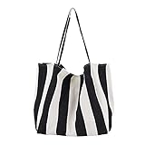 aolongwl Strandtasche, Gestreifte Tasche Große Leinwand Tasche Frauen Sommer Strand Klassische Stoff Weiche Große Handtasche Weibliche Große Casual Top-Griff Tasche (Color : Black-2)