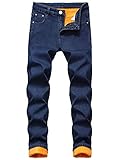 Herren Jeans mit Fleece gefüttert, gerade Hose, Denim, Thermo-Jeans, Winter, warm, dicke Hose mit Taschen für Wandern, Camping, Klettern, marineblau, 38