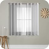 MRTREES Voile Gardinen Vorhang halbtransparent kurz mit Ösen in Leinenoptik Stores Gardinen Schals für Wohnzimmer Schlafzimmer Kinderzimmer Grau 145×140cm (H×B) 2er S