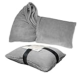 Delindo Lifestyle® 2in1 Kuscheldecke TRAVEL GRAU, 135x200 cm, flauschig weiches Reisekissen umwandelbar zur Reisedecke für Frauen, M