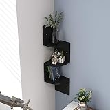 Radelldar 3 Ablagen Wandregal Eckregal Schwarz Holz Schweberegal Zickzackregal Hängeregal für Küche, Schlafzimmer, Wohnzimmer, Arbeitszimmer, Büro,