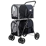 GXDSSH Faltender Doppeldecker-Haustier-Kinderwagen, 4-Rad-Hundebuggy for Große Oder 2 Hunde, Hundwagen Mit Kleiner Tasche, Haustier Kann Leicht Bis Zu 22 Lbs Laufen (Color : Black)