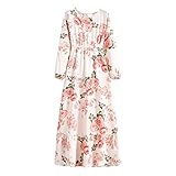 STOREYH Frauen Frühling Drcuk Maxi Kleid Mode Wickel Tunika Böhmen Chiffon Kleider Damen Elegant Loose Lang Lanternarmeln Rundhals Stickerei Dress Party Urlaubs Karneval Lässig A-Linie Gefaltet Rock