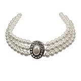 Trachtenkette Perlen 3-reihig - Damen Dirndlkette, Perlenkette mit Strass-Steinen für Trachtenbluse und Lederhose, Kropfkette fürs Oktoberfest Dirndl-Schmuck (creme-weiß)