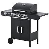 Outsunny Gasgrill BBQ Grillwagen mit 3 Brennern 1 Seitenbrenner Schrank Multifunktion Metall Schwarz 110 x 50 x 100