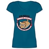 Sprüche Statement mit Spruch - Ich Hasse Morgen-Menschen! - Hund - schwarz - XS - Türkis - t-Shirt ich Hasse Menschen - XO1525 - Damen T-Shirt mit V