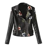 Zilosconcy Lederjacke Damen mit Nieten Kurz Schwarz Bikerjacke Stickerei Reißverschluss Motorradjacke Vintage Kurzjacke Slim Fit Leder Jacke Mode Sportlich Winterjacke Für Motorrad, Streetw