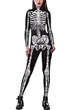 IDGREATIM Frauen Halloween Overall Cosplay Kostüme Weiß Knochen Muster Dünne Catsuit Jumpsuit Overalls Schwarz M