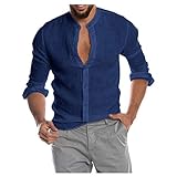 Top Fashion Solid O-Neck Button Blouse Sleeve Long Beach Casual Herren Bluse Men Shirt, navy, L