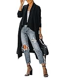 Guorilyee Damen Lang Strickjacke Langarm Casual Strickmantel Herbst Outerwear Breites Revers Einfarbig drapierte Mäntel mit Taschen (Schwarz, L)