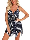 FINWANLO Zweiteiliger Badeanzug für Damen, Tankini, Top-Set, Netz-Badeanzug, Bedruckte Bademode mit Boyshort, A-dot Marineblau 1, S