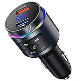 Bluetooth Adapter Auto, Automatische Frequenzsuche FM Transmitter Auto Bluetooth V5.0 & QC3.0 mit Doppelmikrofone für Freisprechanrufe, Buntes LED Backlit, Siri Goog