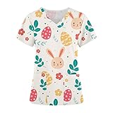 WENZHOU Ostern Bunte kasacks Damen Schlupfhemd Bluse Kurzarm V-Neck Mischgewebe Kasack Damen Pflege mit Kaninchen Motiv Bunt Arzt Uniform Berufsbekleidung Krankenschwester Kleidung