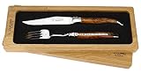 en Aubrac - 1 Laguiole Steakmesser und 1 Gabel Besteck-Set - Griff Teak-Maserholz - Original Frankreich mit Zertifik