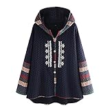 ROYIYI Damen Retro Printed Kapuzenjacke Freizeitjacke Jacke Einreiher Jacke Winter Klassischer Warmer Mantel Ethnisch bedruckter Warmer Hoodie-Mantel Langarm-Einreihige Jacke (Marine, M)