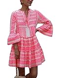 Tomwell Damen Strandkleid Boho Tunika Sommerkleid V-Ausschnitt Blumenkleid Loose T-Shirt Kleid Floral Minikleid A Rosa 3XL
