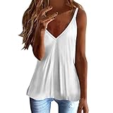 Frauen einfarbig V-Ausschnitt lose Spaghettiträger ärmellose Hosenträger Hemden Blusen Tops, lässig Tuniken Sweatshirt Shirt Oberteile Elegant Jumper Kontrastfarbene Streetwear Bluse Eay