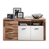 Stella Trading TEXAS Sideboard in Yaki Oak Optik, Weiß matt - Moderne Kommode mit viel Stauraum für Ihr Wohnzimmer - 166 x 85 x 44 cm (B/H/T)