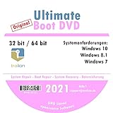 TRALION Ultimate Boot 2021 - CD/DVD für Windows XP, Windows Vista, Windows 7, Windows 8.1, Windows 10 - System Rettung, Notfall DVD - 32bit, 64b