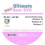 TRALION Ultimate Boot 2021 - CD/DVD für Windows XP, Windows Vista, Windows 7, Windows 8.1, Windows 10 - System Rettung, Notfall DVD - 32bit, 64b