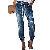 Huntrly Loch Gummiband Pluderhosen Damen Jeans Große Taschen Tether Sexy Ausgefranste Bleistifthose Modisch und bequem lässig M