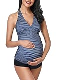 Octopus Damen Umstandstankini Neckholder Top mit Slip oder Hotpants Schwangerschafts Bademode f5633 Farbe: Blau gepunktet T17(1090)+HP8(sw), Gr. 42