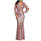 KGLHTYU Kleider Damen V-Ausschnitt Langarm Abendkleider Elegant Pailletten Meerjungfrau Abendkleid Cocktailkleid Maxikleid Lang Partykleid Winterkleid Damen Sexy Ballkleid Festk