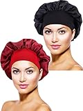 2 Stücke Satin Bonnet Nacht Schlaf Mütze Schlaf Kopf Abdeckung für Damen Mädchen Schlafen (Schwarz, Weinrot)