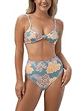 Hilinker Damen-Bikini-Set, Blumendruck, hohe Taille, 2-teiliges Set, Blumenblau, M