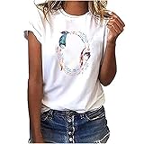 Damen Sommer Tshirt Vintage Drucken Oberteile Sweatshirt Kurzarm Rundhals Blusen Basic Loose Fit Laufshirt Sportshirt Frauen Casual Tee Tops Retro Muster Shirt Hemd Teenager M