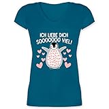 Valentinstag Partner Geschenke - Ich Liebe Dich Soooo viel! mit Pinguin - weiß - M - Türkis - V-Neck - XO1525 - Damen T-Shirt mit V