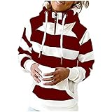 EMATOP Damen Hoodies Sport Kapuzenpullover Lässiges Rollkragen Sweatshirt mit Kapuze Pulli Pullover Streifen Stern Drucken Kapuzenpulli Top mit Tasche Langarmshirt Herbst Winter Sweatjack