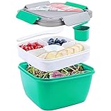 shopwithgreen Lunchbox, Bento Box Lunch-Behälter Salatbehälter Bento für Mittagessen,1500 ml, 3 Fächer mit 1 Gabel, auslaufsicher, mikrowellenfest Dunkel (Grün)