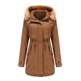 Ydsxlp Winterjacke Damen Warme Plüsch Kapuzen Fleecejacke Teddyjacke Fleece-Futter Lange Plüschjacke Oberschenkellänge Slim Fit Frauen Wintermantel Parka mit Kap