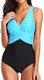 PANOZON Damen Badeanzug mit V-Form Ausschnitt bauchweg Monokini Rückenfrei Cut Out Push-up Bikini Elegant Grace U-Back (Himmelblau, XL)