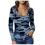 Damen Camo Pullover mit V-Ausschnitt Sweatshirt Oversize Sexy Hemd Shirt Langarm Casual Mode Camouflage Tunika-Oberteile für Herbst und W