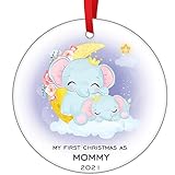 My First Christmas As Mommy 2021 Ornament Elefant Mama und Baby im Mond Weihnachtsschmuck für Weihnachtsbaumschmuck Erste Weihnachten Keramik Ornament Weihnachtsstrumpf Füllung Geschenk