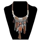 JUSTPING Mädchen Halsketten Tribal Böhmische ethnische Federharz-Perlen-Baumwollfaden-Quaste Anhänger-Lätzchen-Halskette (Metal Color : Brown)