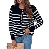 Alleen Damen Langarm Pullover Rundhals Gestreifter Strickpullover Casual Feinstrick Pullover mit Kn?pfen(Schwarz, L)